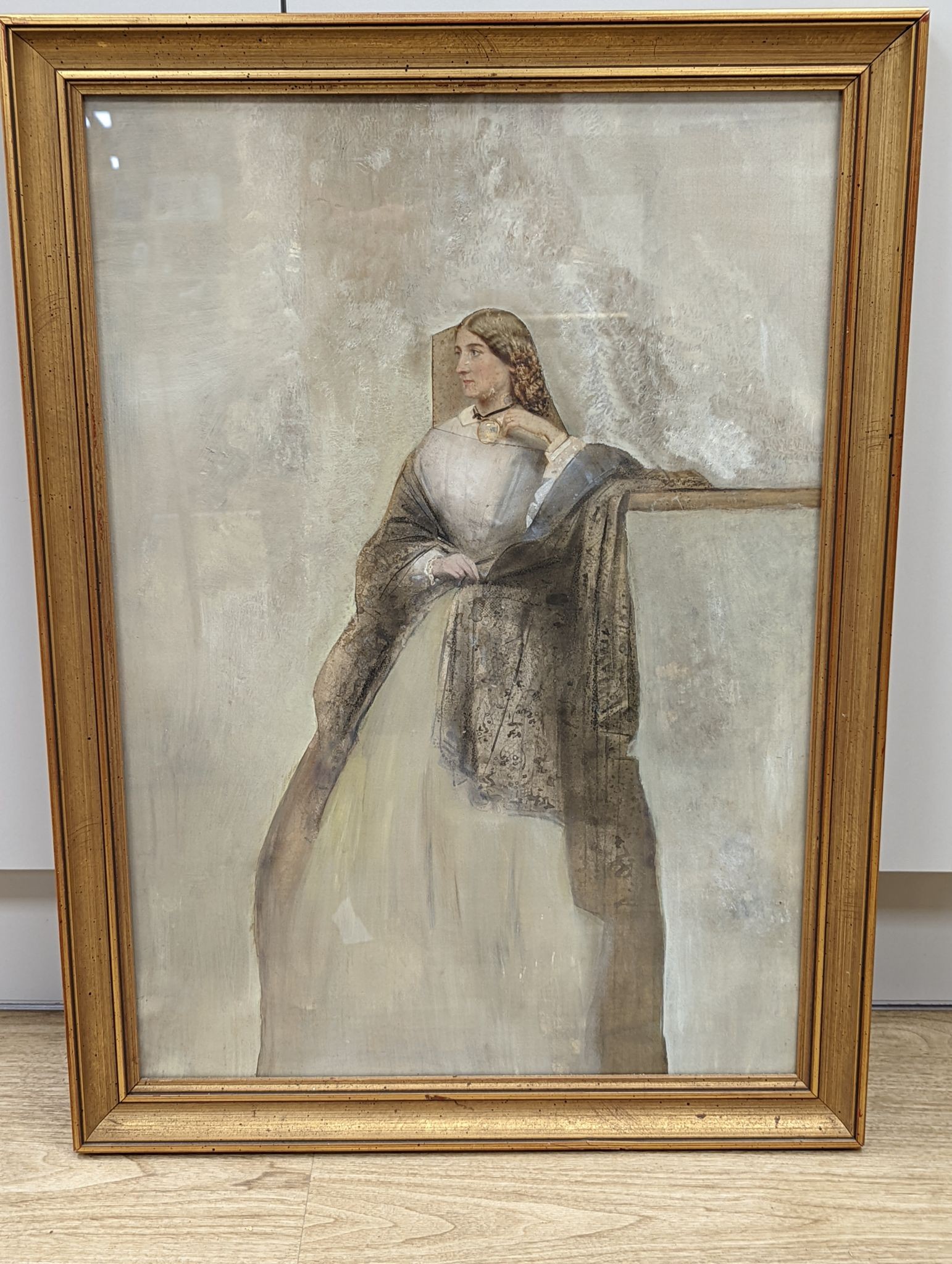 19th century Irish School, mixed media, Portrait of Gillian O'Conor, label remnant verso, 67 x 47cm